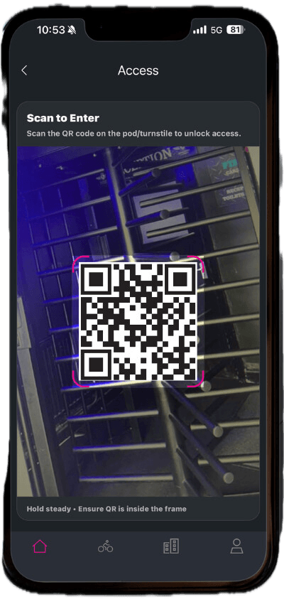 QR code gym access scan screen in the GYM X app