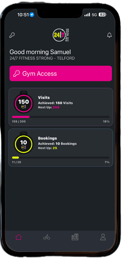 GYM X member app showing gym access, visit streaks and booking gamification