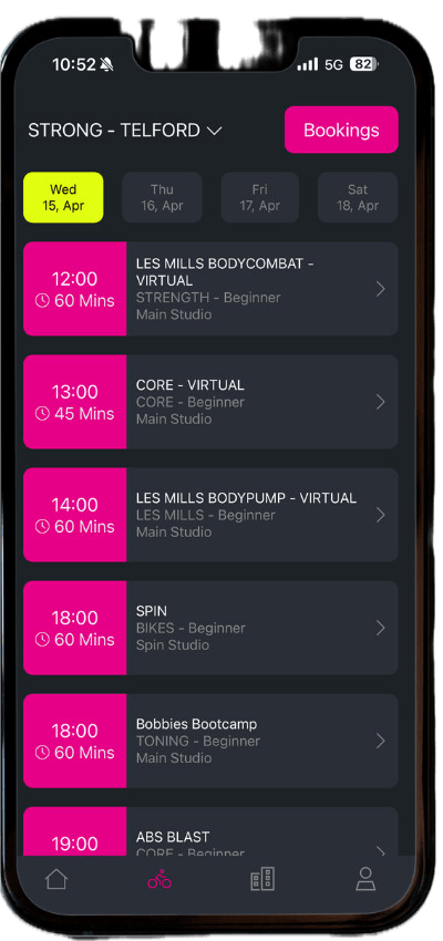 Class booking timetable screen in the GYM X app