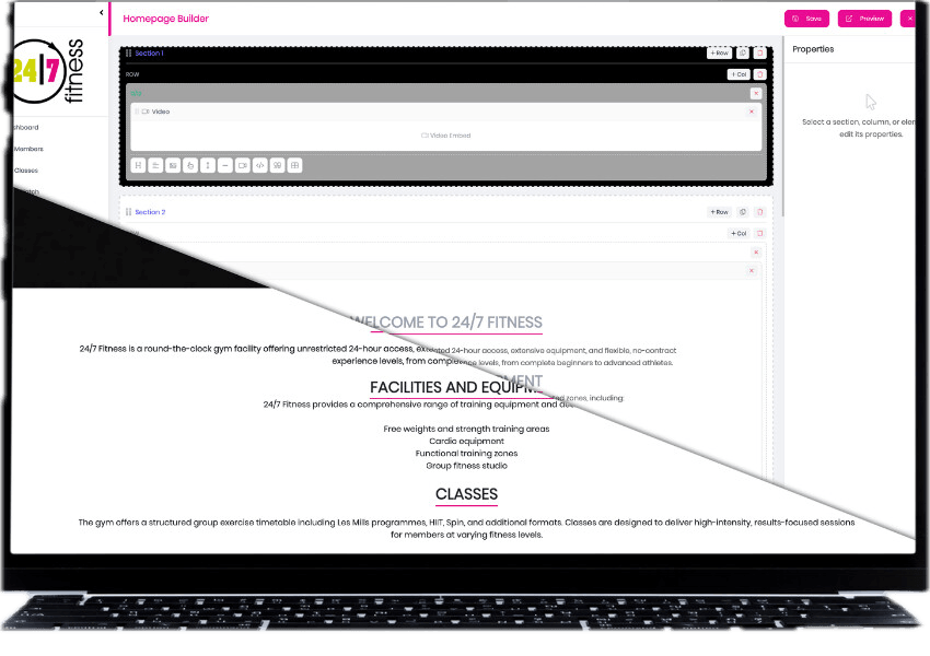 GYM X CMS homepage builder for editing gym website content