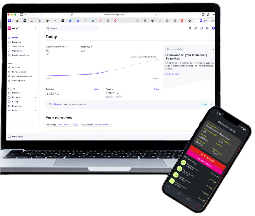 Stripe payments dashboard on a laptop and membership payment view in the GYM X app