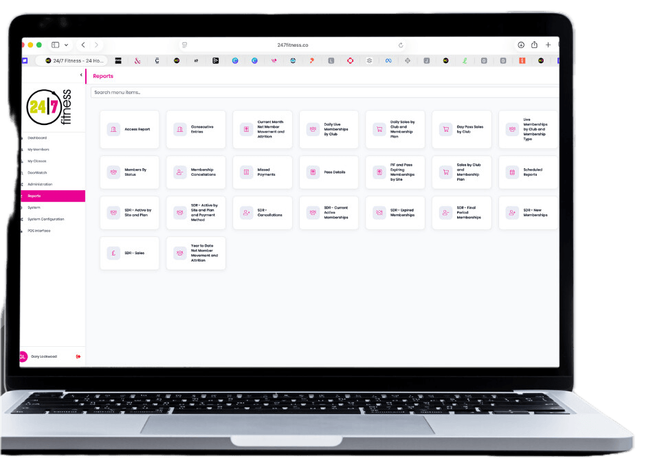 GYM X reporting dashboard with pre-built report library