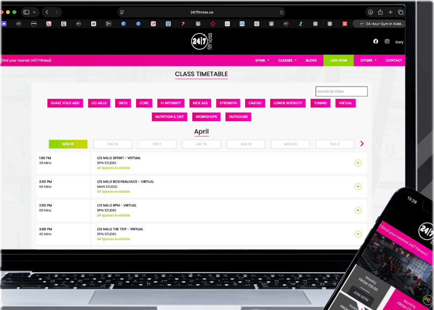 GYM X branded gym website showing class timetable